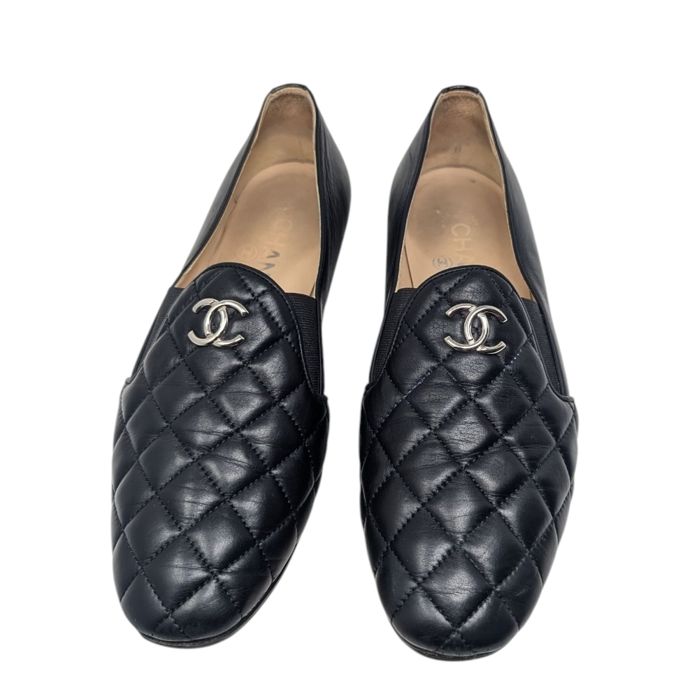 Chanel Black Leather Quilted Flat Loafer Size Eu 38